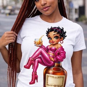 Graphic Tee with Pink Pinup Girl and Whiskey Bottle